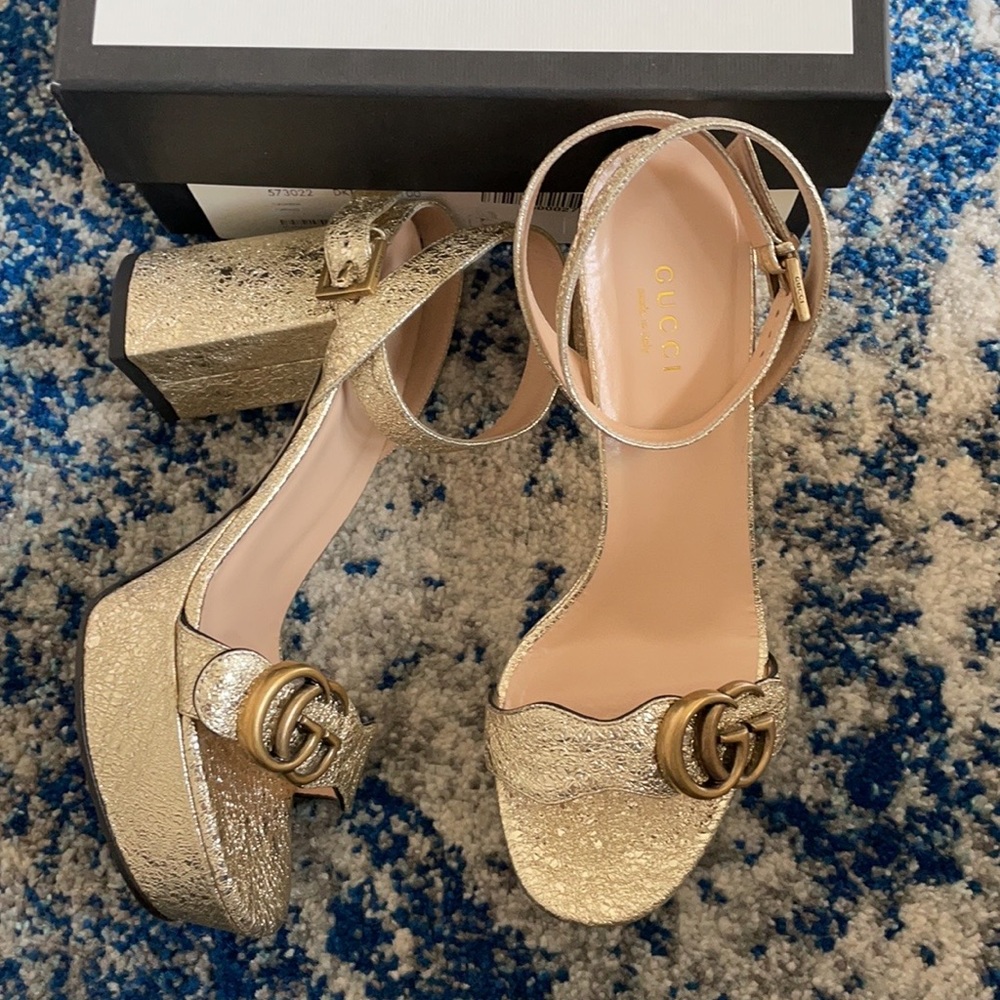 Gucci Gold Metallic Platform Heel Sandals